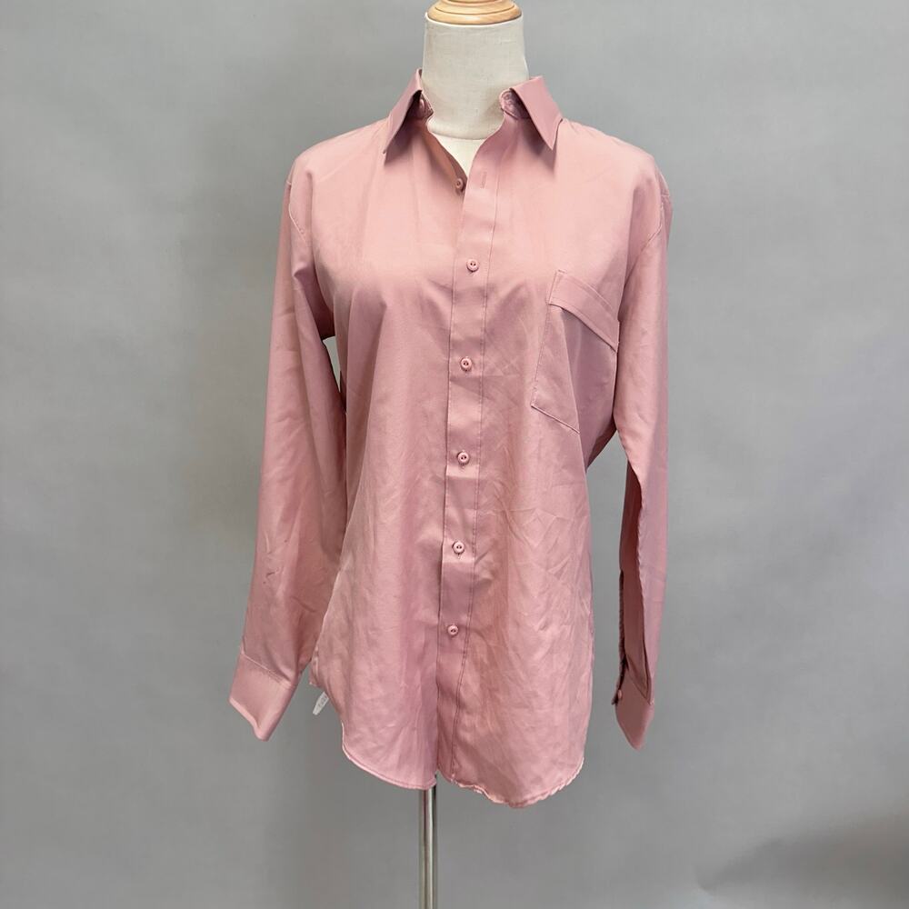 Vintage 70s JC Penney pink Lustre Silk polyester‎ button front shirt size 15/33